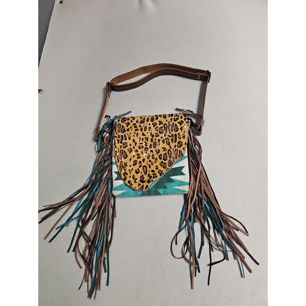 Myra Bag Misty Hand Tooled‎ Crossbody Upcycled Canvas & Cowhide Navajo Leather